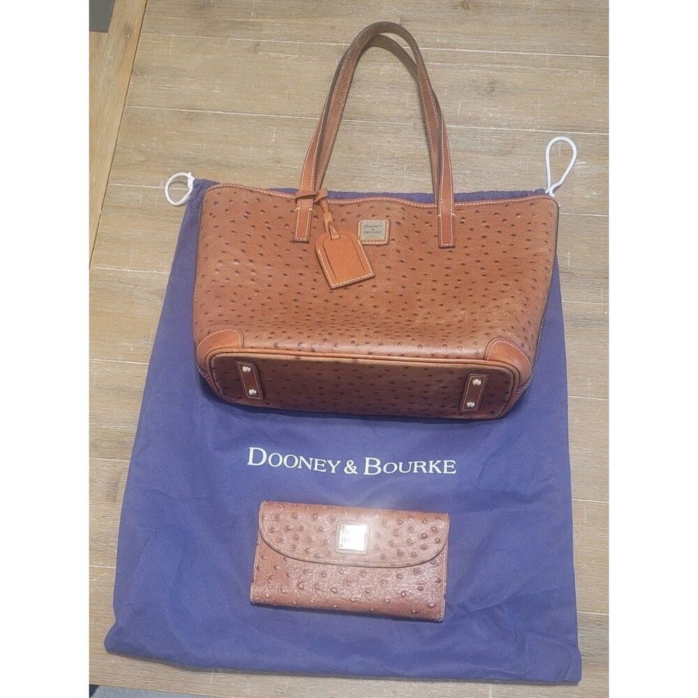 Dooney & Bourke Ostrich Embossed Genuine Leather Charleston Tote Brown & Wallet